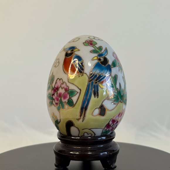 Vibrant Ceramic Egg with Birds and Floral Design - Picture 1 of 6